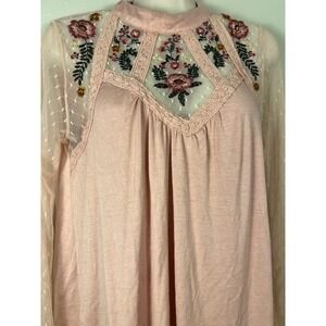 Altar'd State Pink Floral Embroidered Mesh Sleeve Mock Neck Top M